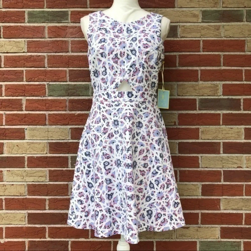CeCe Mosaic NWT Cutout White Blue Fit & Flare Dress 👗